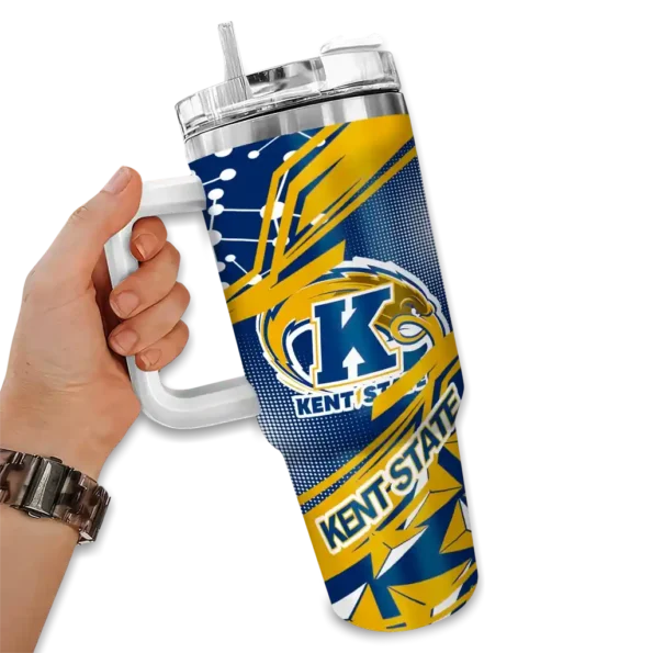 customized kent state golden flashes abstract paths navy blue curved tumbler fashion forward.webp
