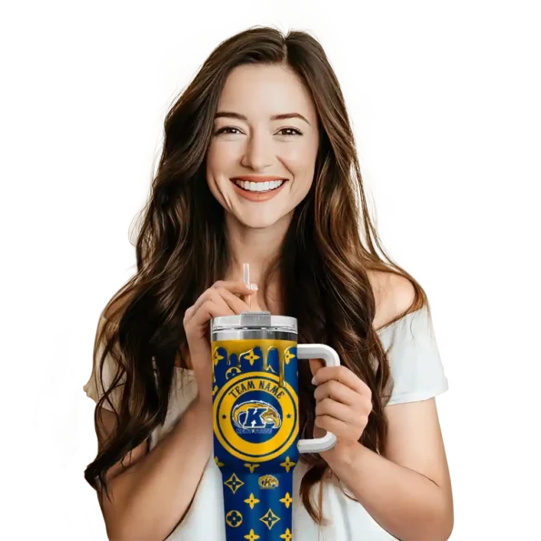 customized kent state golden flashes bullseye drips navy blue curved tumbler premium grade.webp