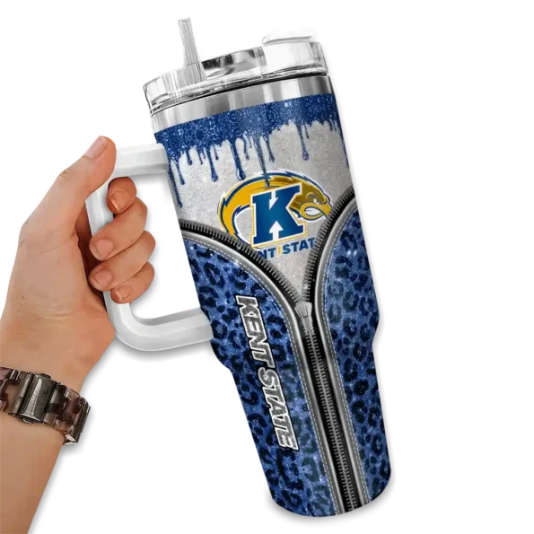 customized kent state golden flashes leopard zipper navy blue curved tumbler fashion forward.webp