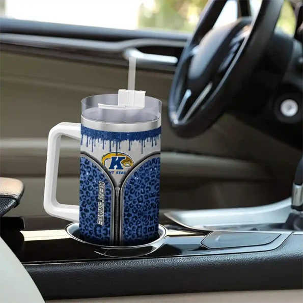 customized kent state golden flashes leopard zipper navy blue curved tumbler trendy.webp