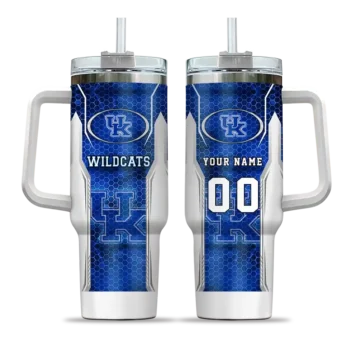 customized kentucky wildcats hexagon armor blue curved tumbler best selling.webp