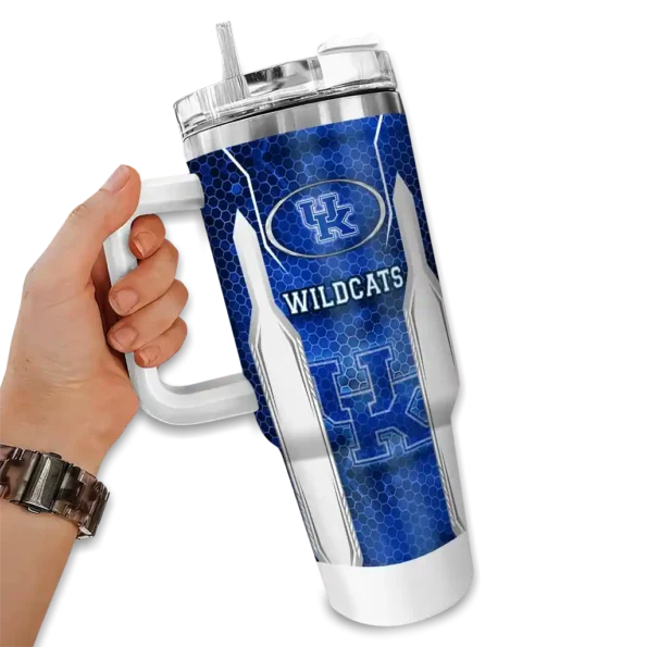 customized kentucky wildcats hexagon armor blue curved tumbler fashion forward.webp
