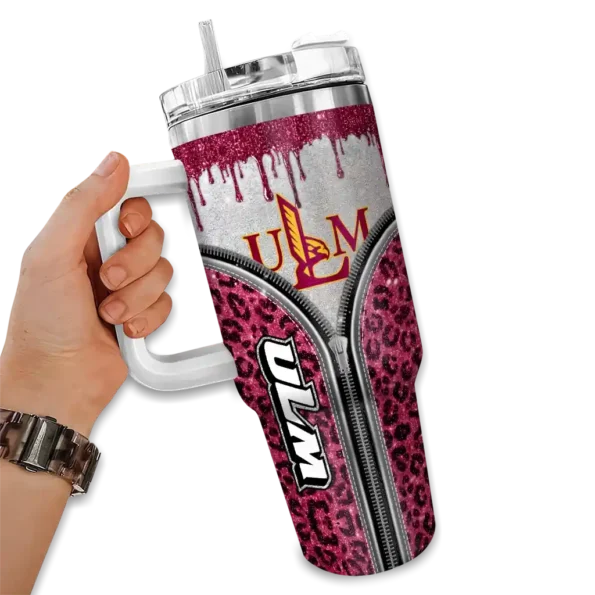 customized louisiana monroe warhawks leopard zipper red curved tumbler fashion forward.webp