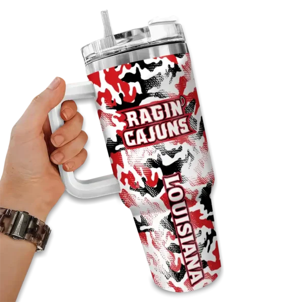 customized louisiana ragin cajuns camo mashup red white curved tumbler fashion forward.webp