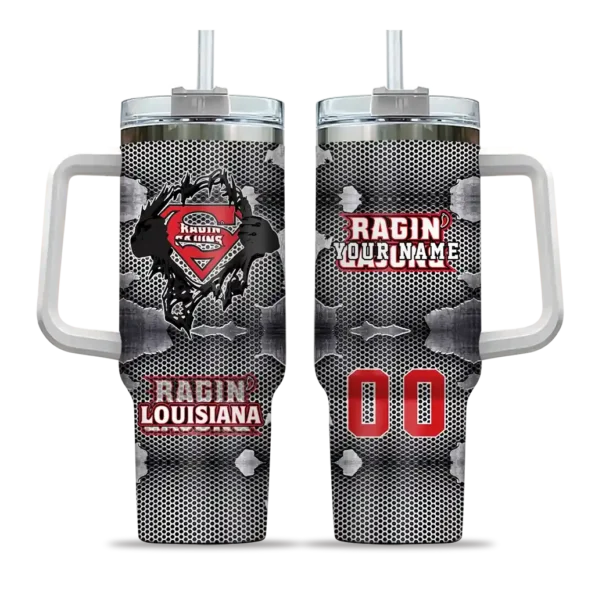 customized louisiana ragin cajuns superman shield red gray curved tumbler best selling.webp