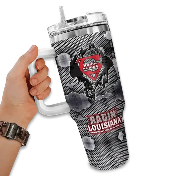 customized louisiana ragin cajuns superman shield red gray curved tumbler fashion forward.webp