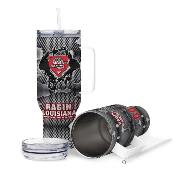 customized louisiana ragin cajuns superman shield red gray curved tumbler high quality.webp