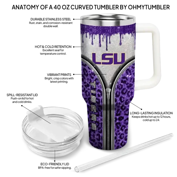 customized lsu tigers leopard zipper purple curved tumbler new arrival.webp