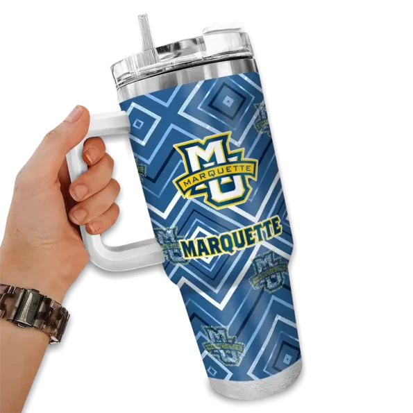 customized marquette golden eagles bold diamonds blue curved tumbler fashion forward.webp