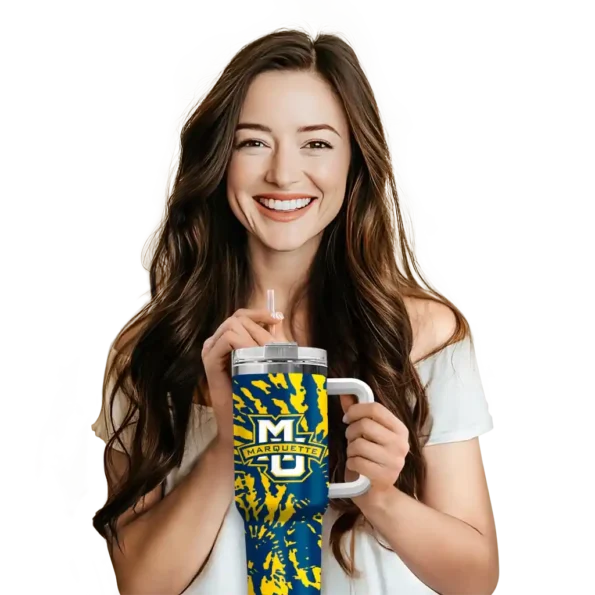 customized marquette golden eagles burst swirl blue curved tumbler premium grade.webp