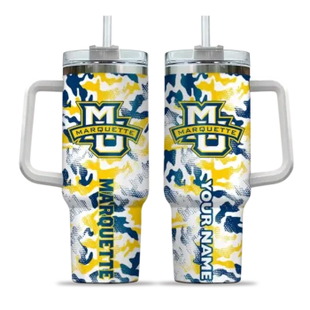customized marquette golden eagles camo mashup blue white curved tumbler best selling.webp