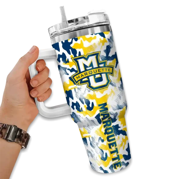 customized marquette golden eagles camo mashup blue white curved tumbler fashion forward.webp