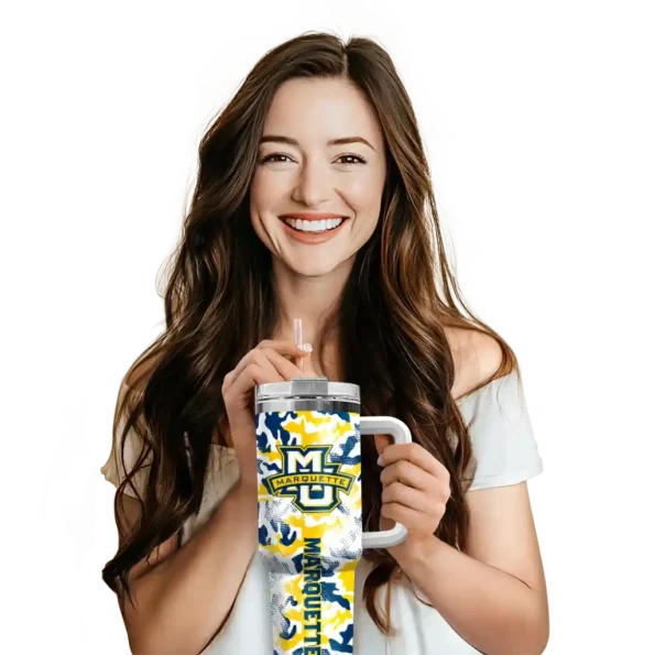 customized marquette golden eagles camo mashup blue white curved tumbler premium grade.webp