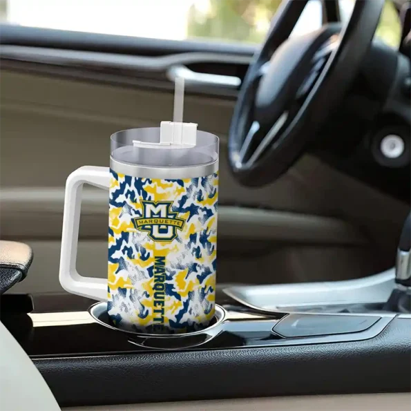 customized marquette golden eagles camo mashup blue white curved tumbler trendy.webp