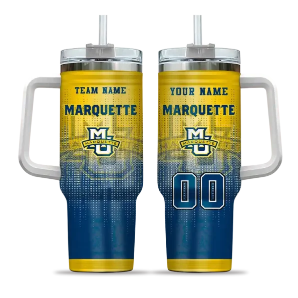 customized marquette golden eagles gradient dots blue curved tumbler best selling.webp