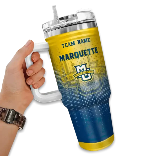 customized marquette golden eagles gradient dots blue curved tumbler fashion forward.webp