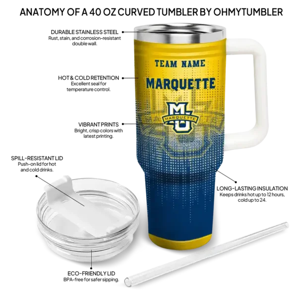 customized marquette golden eagles gradient dots blue curved tumbler new arrival.webp