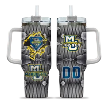 customized marquette golden eagles superman shield blue gray curved tumbler best selling.webp
