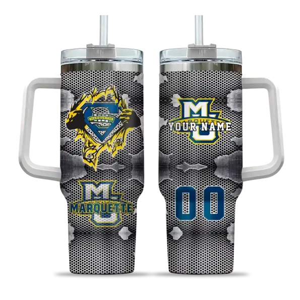 customized marquette golden eagles superman shield blue gray curved tumbler best selling.webp