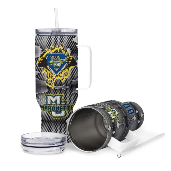 customized marquette golden eagles superman shield blue gray curved tumbler high quality.webp