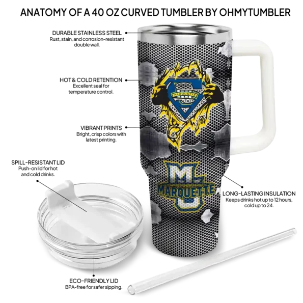 customized marquette golden eagles superman shield blue gray curved tumbler new arrival.webp