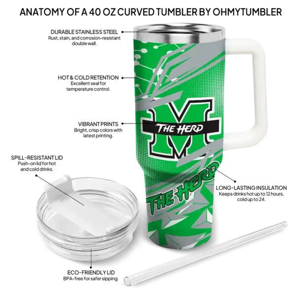 customized marshall thundering herd abstract paths green curved tumbler new arrival.webp