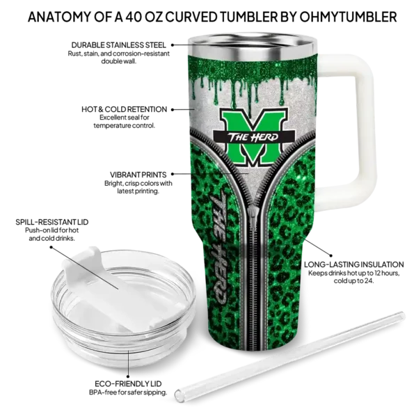 customized marshall thundering herd leopard zipper green curved tumbler new arrival.webp