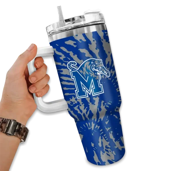 customized memphis tigers burst swirl blue curved tumbler fashion forward.webp