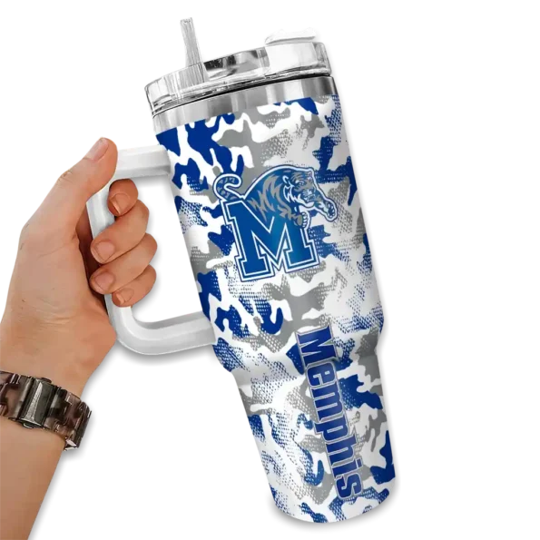 customized memphis tigers camo mashup blue white curved tumbler fashion forward.webp