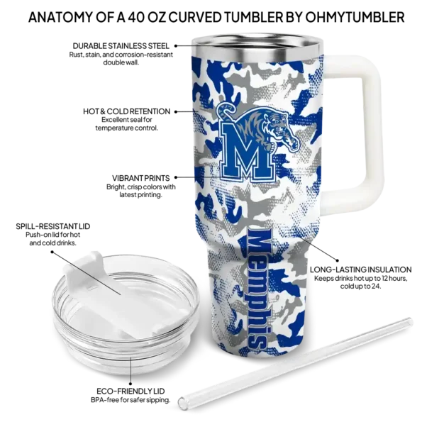 customized memphis tigers camo mashup blue white curved tumbler new arrival.webp