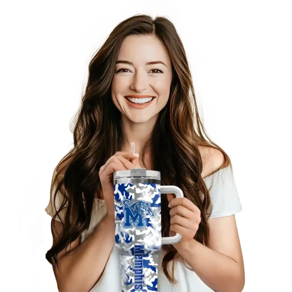 customized memphis tigers camo mashup blue white curved tumbler premium grade.webp