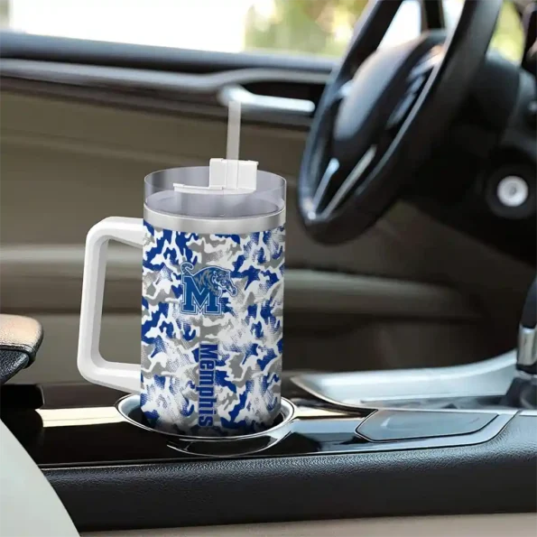 customized memphis tigers camo mashup blue white curved tumbler trendy.webp