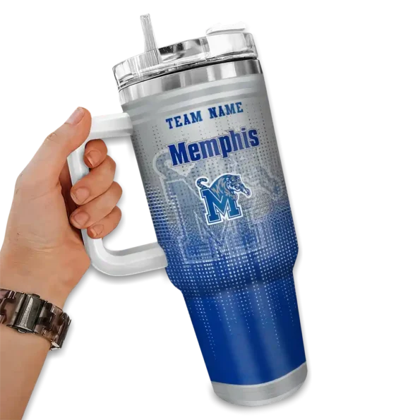 customized memphis tigers gradient dots blue curved tumbler fashion forward.webp