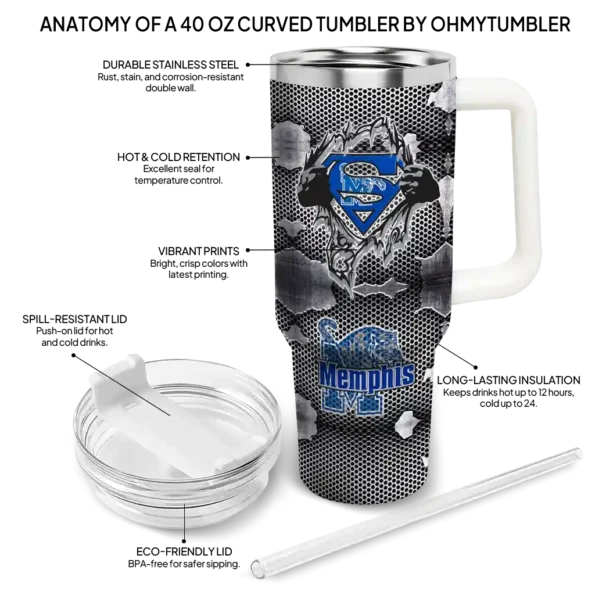 customized memphis tigers superman shield blue gray curved tumbler new arrival.webp