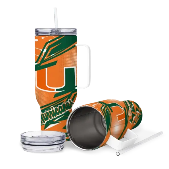 customized miami hurricanes abstract paths orange curved tumbler high quality.webp