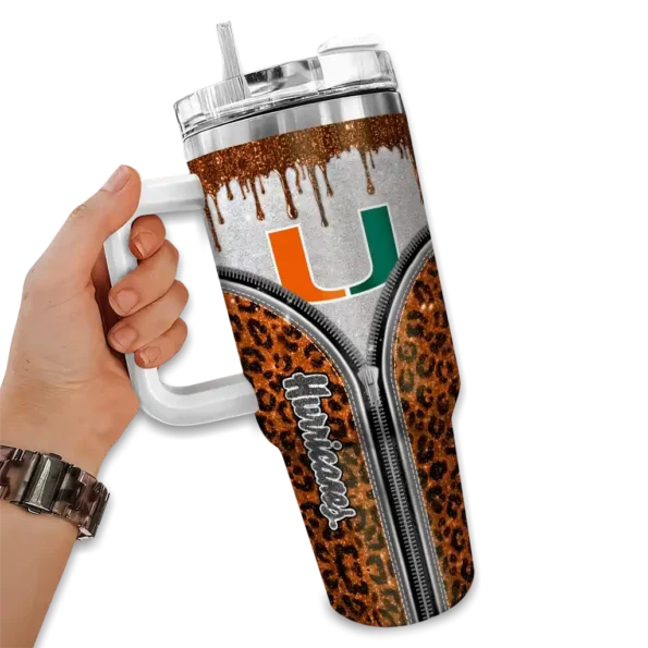 customized miami hurricanes leopard zipper orange curved tumbler fashion forward.webp