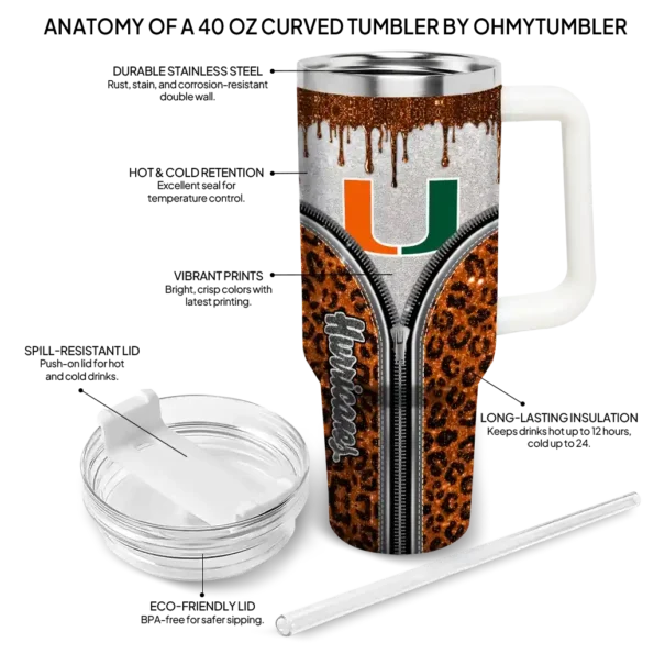 customized miami hurricanes leopard zipper orange curved tumbler new arrival.webp