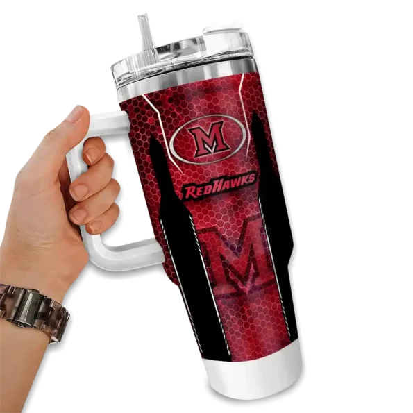 customized miami redhawks hexagon armor red curved tumbler fashion forward.webp