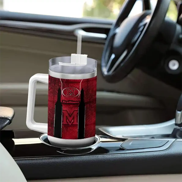 customized miami redhawks hexagon armor red curved tumbler trendy.webp