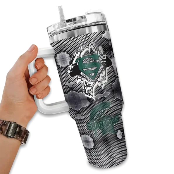 customized michigan state spartans superman shield green gray curved tumbler fashion forward.webp