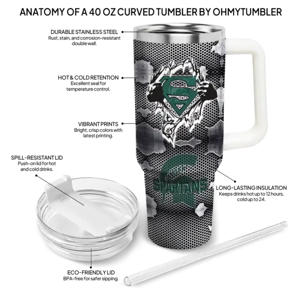 customized michigan state spartans superman shield green gray curved tumbler new arrival.webp