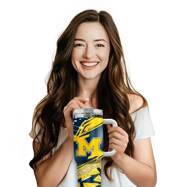 customized michigan wolverines abstract paths blue curved tumbler premium grade.webp