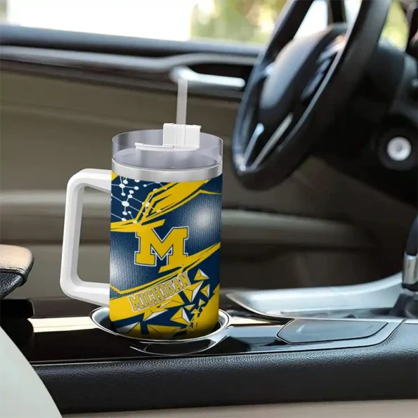 customized michigan wolverines abstract paths blue curved tumbler trendy.webp