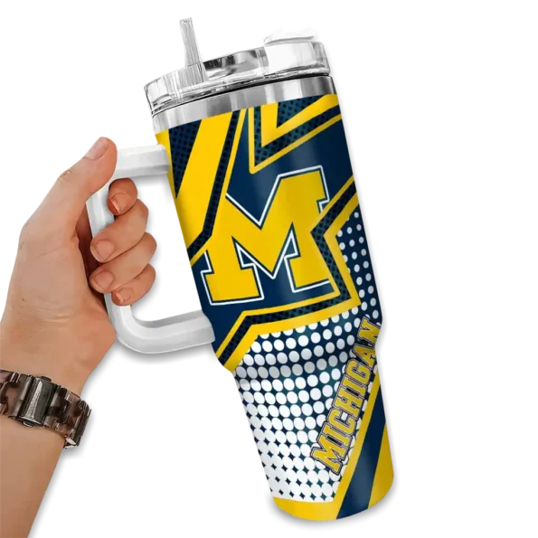 customized michigan wolverines arrow burst blue curved tumbler fashion forward.webp