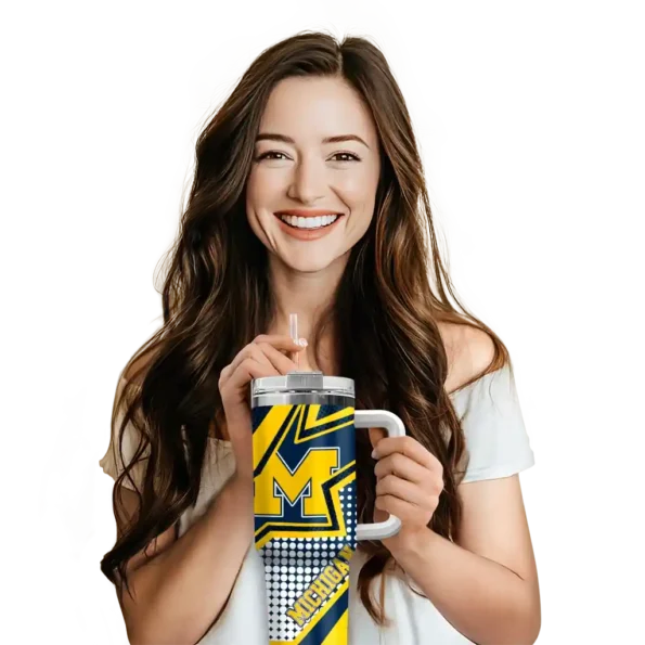 customized michigan wolverines arrow burst blue curved tumbler premium grade.webp