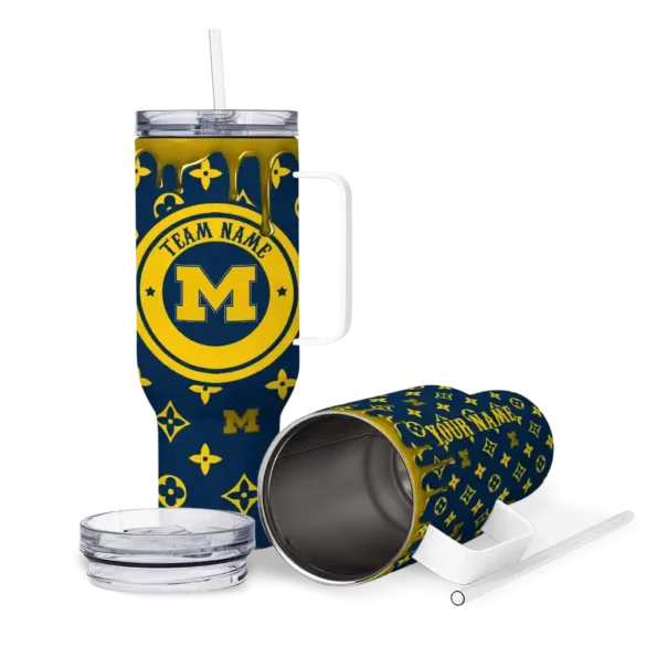 customized michigan wolverines bullseye drips blue curved tumbler high quality.webp