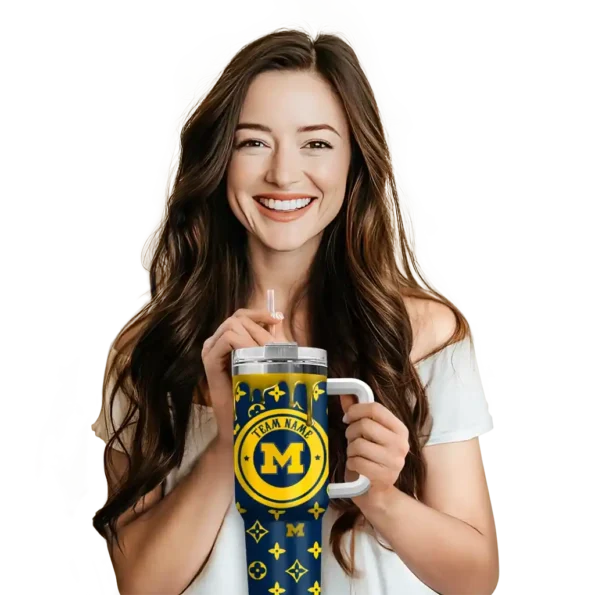 customized michigan wolverines bullseye drips blue curved tumbler premium grade.webp