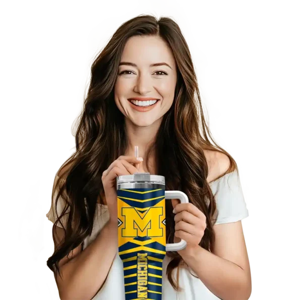 customized michigan wolverines chevron layers blue curved tumbler premium grade.webp