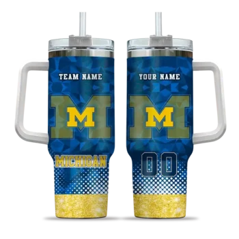 customized michigan wolverines geometric prism blue curved tumbler best selling.webp