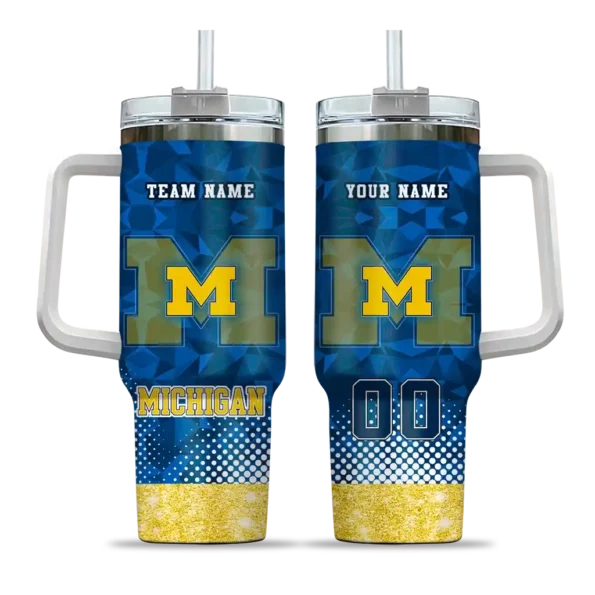 customized michigan wolverines geometric prism blue curved tumbler best selling.webp